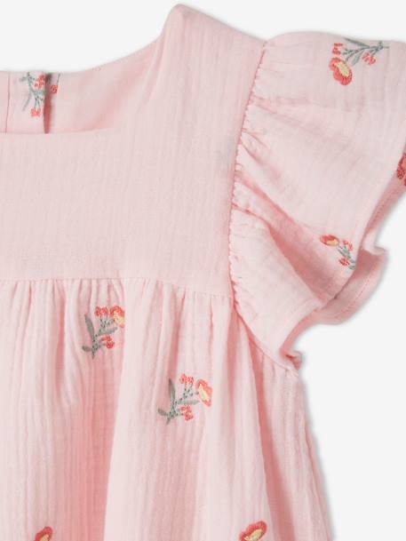 Embroidered Dress in Cotton Gauze for Girls PINK LIGHT ALL OVER PRINTED 