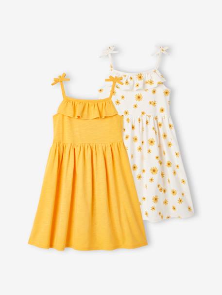 Pack of 2 Strappy Dresses: 1 Printed + 1 Plain, for Girls BLUE MEDIUM TWO COLOR/MULTICOL+fuchsia+YELLOW MEDIUM 2 COLOR/MULTICOL 