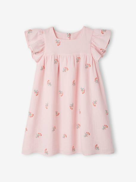 Embroidered Dress in Cotton Gauze for Girls PINK LIGHT ALL OVER PRINTED 