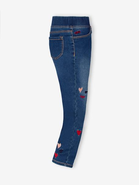 Embroidered Denim-Effect Treggings in Fleece for Girls BLUE MEDIUM SOLID WITH DESIGN+double stone 