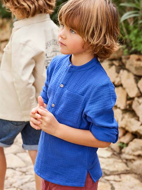 Cotton Gauze Shirt, Roll-Up Sleeves, for Boys BLUE MEDIUM SOLID+ecru+green+yellow 