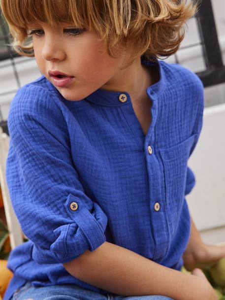 Cotton Gauze Shirt, Roll-Up Sleeves, for Boys BLUE MEDIUM SOLID+ecru+green 