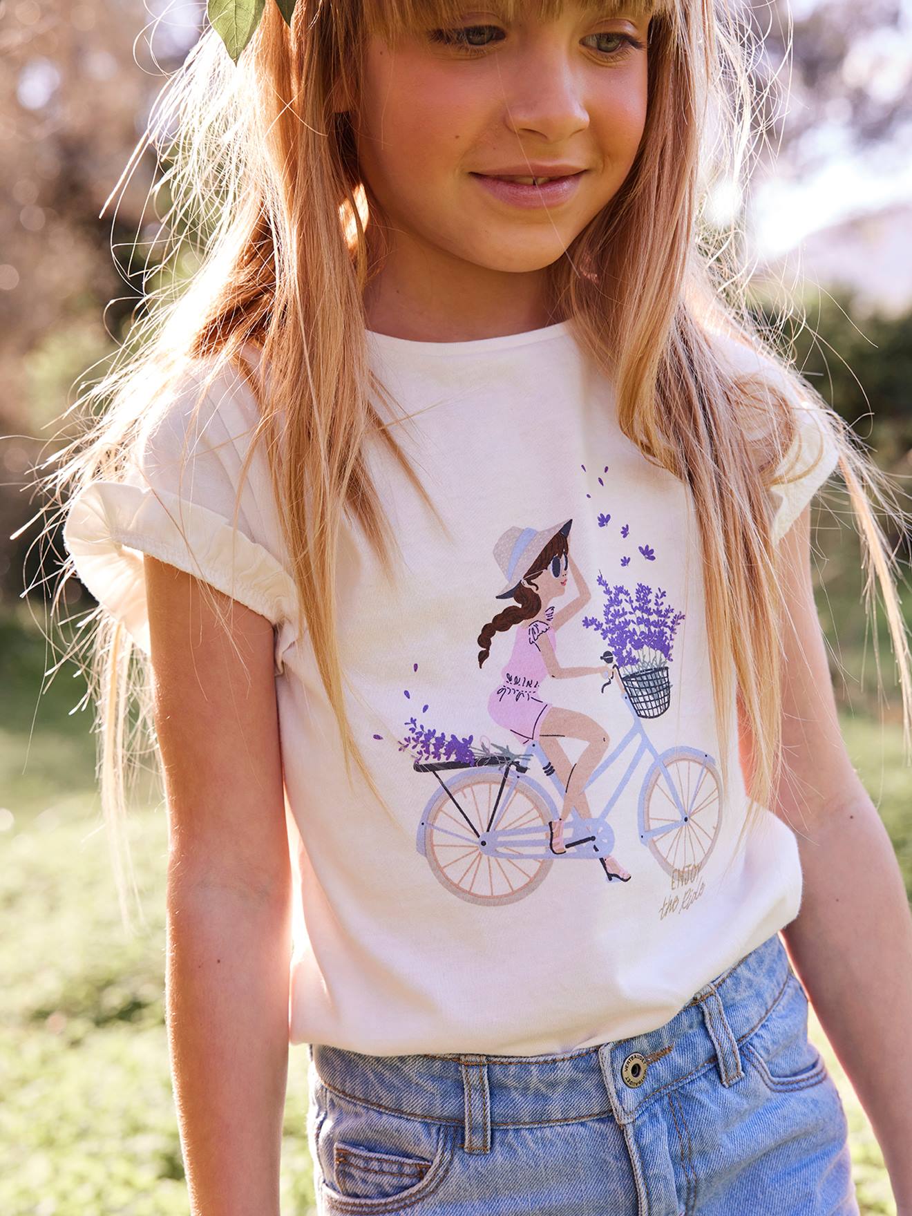 T-Shirt with Bicycle Motif for Girls - white medium solid with design