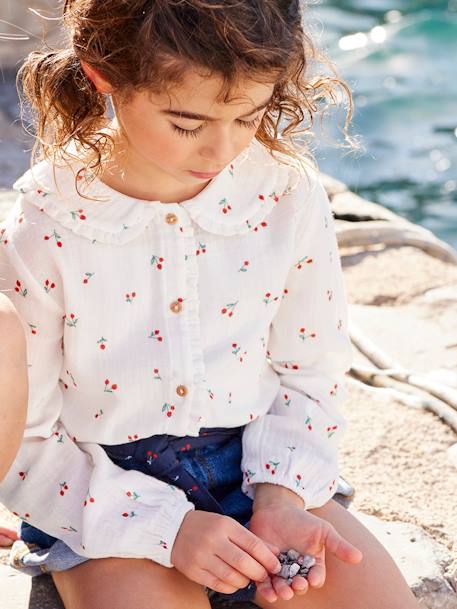 Blouse with Frilly Details in Cotton Gauze for Girls cappuccino+White/Print 