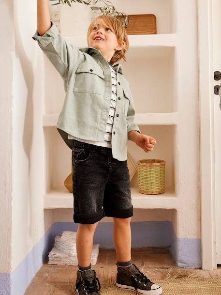 Bermuda Shorts in Denim Effect Fleece, for Boys BLACK DARK SOLID+BLUE DARK WASCHED 