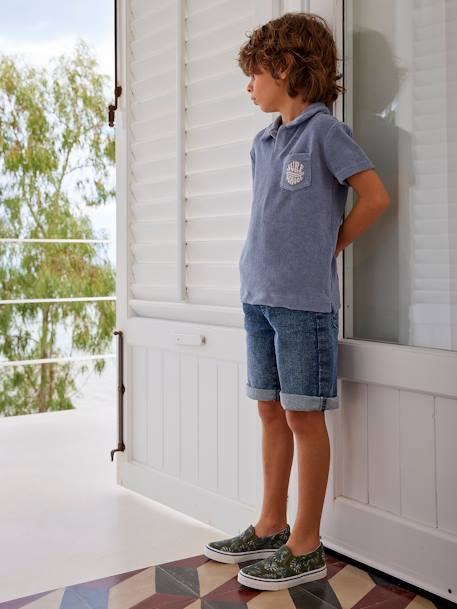 Bermuda Shorts in Denim Effect Fleece, for Boys BLACK DARK SOLID+BLUE DARK WASCHED 