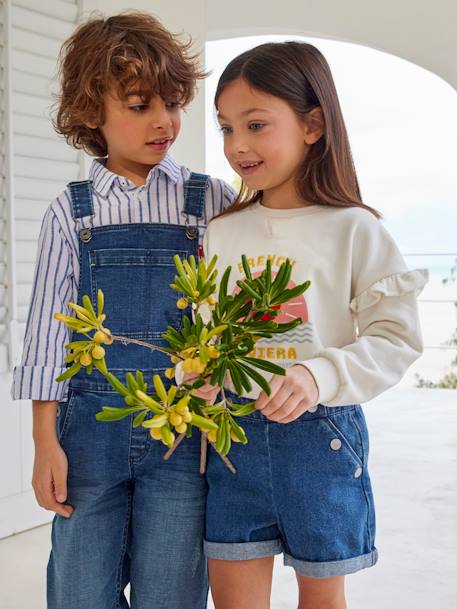Vertbaudet Paperbag Jeans, Embroidered Flowers, for Girls Denim Blue