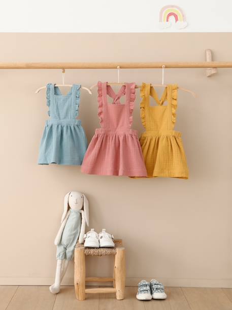 Dungaree Dress in Cotton Gauze, for Babies caramel+GREEN MEDIUM SOLID+lilac+Pink 