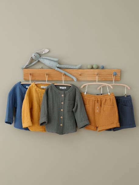 Shirt in Cotton Gauze with Mandarin Collar, for Babies caramel+GREEN DARK SOLID+grey blue 