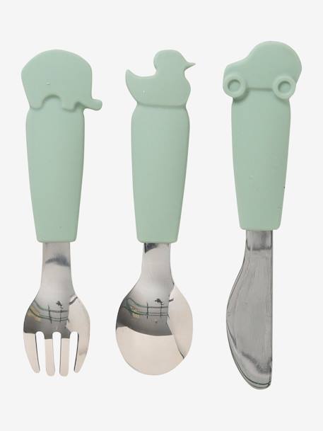 3 Cutlery Set in Silicone & Stainless Steel, for Children BROWN LIGHT SOLID+GREEN LIGHT SOLID 