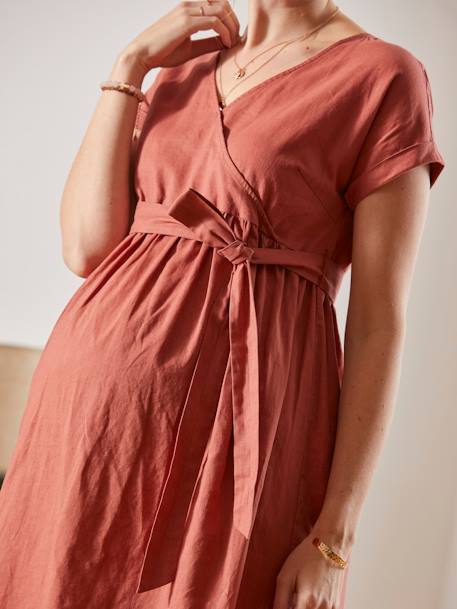 Long, Wrapover Dress in Linen & Cotton, Maternity & Nursing Special RED MEDIUM SOLID 