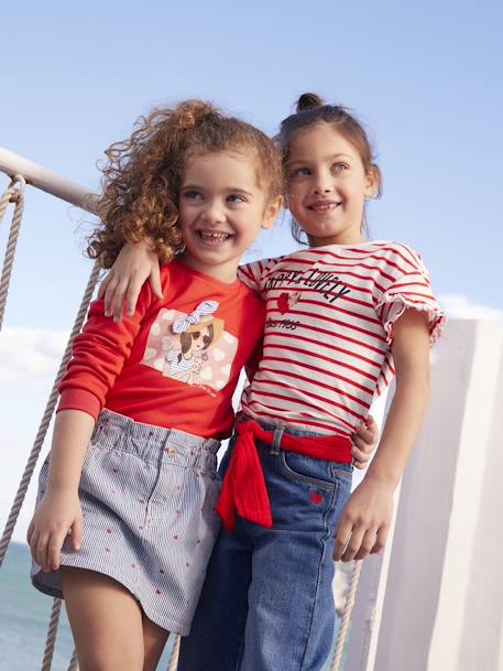 Striped T-Shirt, Sequinned Heart, for Girls navy blue+striped blue+WHITE MEDIUM STRIPED 