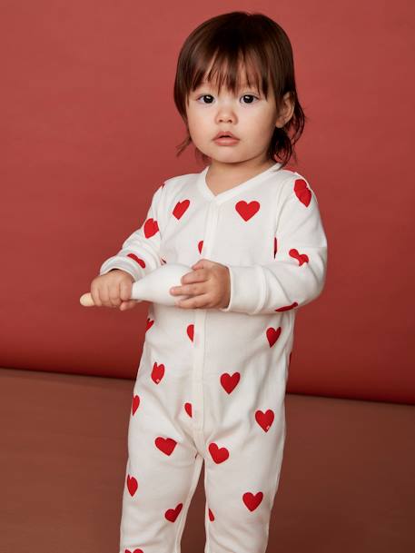 Hearts Sleepsuit in Organic Cotton for Babies, by Petit Bateau WHITE LIGHT ALL OVER PRINTED 