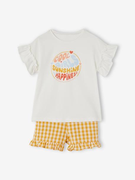 T-Shirt & Gingham Shorts Ensemble for Girls WHITE LIGHT SOLID 