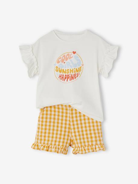 T-Shirt & Gingham Shorts Ensemble for Girls WHITE LIGHT SOLID 