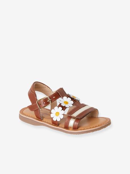 Leather Sandals for Girls, Designed for Autonomy BROWN LIGHT SOLID WITH DESIGN 