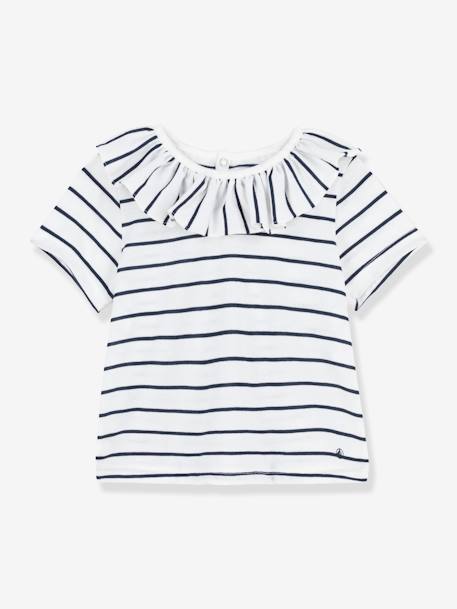 Striped Short Sleeve Blouse in Jersey Knit for Babies, by PETIT BATEAU WHITE MEDIUM STRIPED 