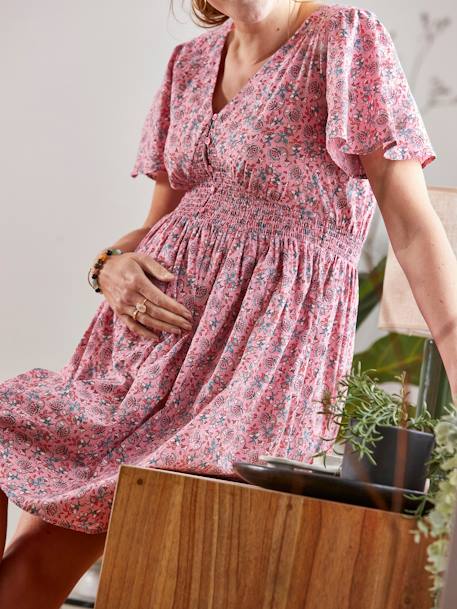 Short Dress in Printed Crêpe, Maternity & Nursing Special PINK LIGHT ALL OVER PRINTED+WHITE LIGHT ALL OVER PRINTED 