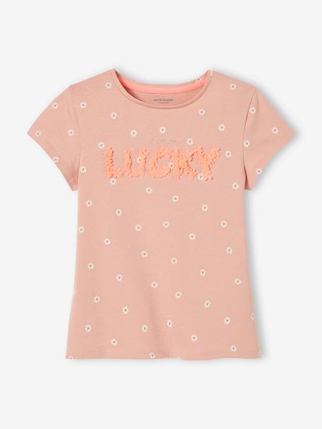 T-Shirt with Floral Motif in Shaggy Rags for Girls ecru+PINK LIGHT ALL OVER PRINTED 