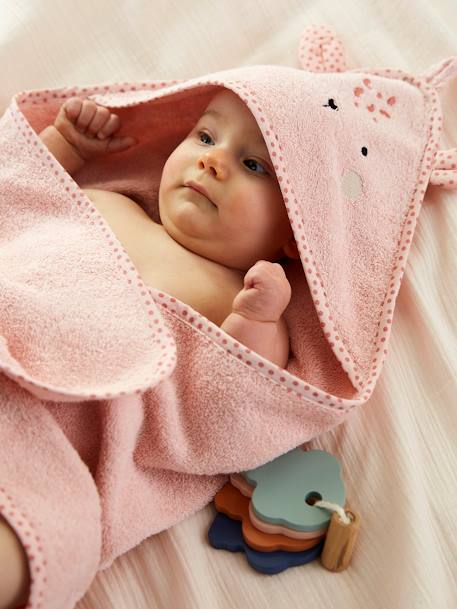 Baby Hooded Bath Cape With Embroidered Animals PINK MEDIUM SOLID+White 