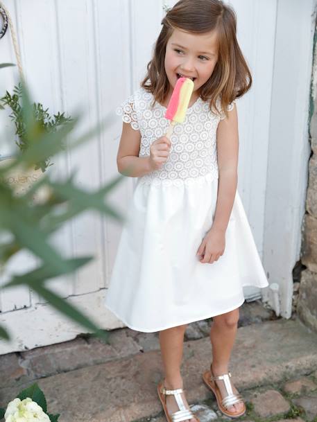 2-in-1 Special Occasion Dress, Macramé Top Layer, for Girls nude pink+WHITE LIGHT SOLID 