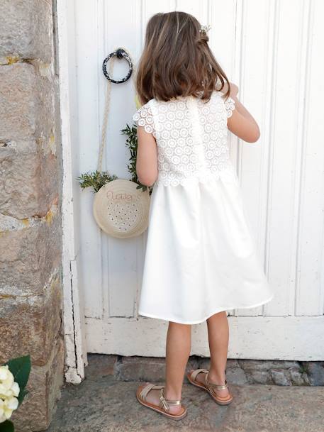 2-in-1 Special Occasion Dress, Macramé Top Layer, for Girls nude pink+WHITE LIGHT SOLID 