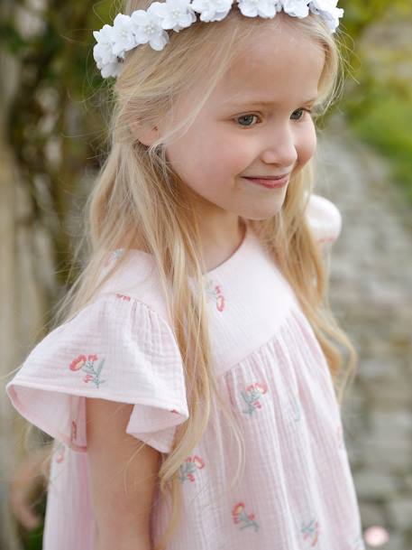 Embroidered Dress in Cotton Gauze for Girls PINK LIGHT ALL OVER PRINTED 