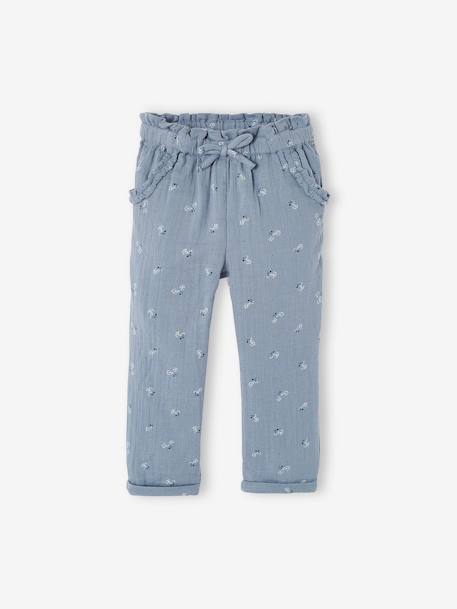 Cropped Cotton Gauze Trousers with Floral Print, for Girls BLUE MEDIUM ALL OVER PRINTED+blush+printed white 