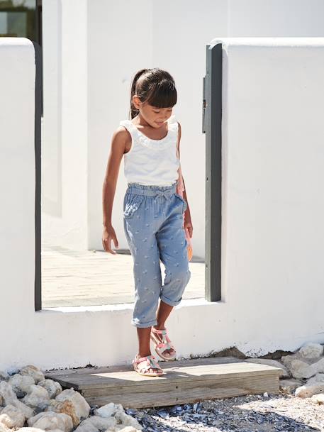 Cropped Cotton Gauze Trousers with Floral Print, for Girls BLUE MEDIUM ALL OVER PRINTED+blush+printed white 