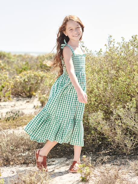 Long Smocked Dress for Girls GREEN MEDIUM CHECKS 