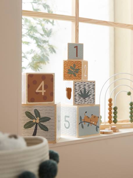 Cube Tower with Shape Sorter in FSC® Wood BEIGE MEDIUM SOLID WITH DECOR+Forest Friends+Forest Friends 