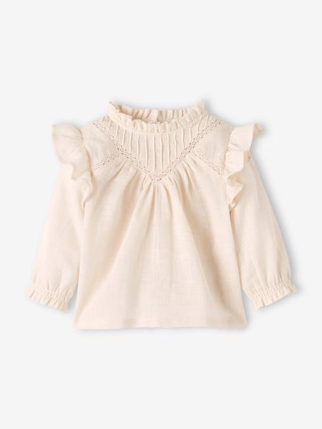 Frilly Blouse in Slub Fabric for Babies BEIGE LIGHT SOLID+sky blue 