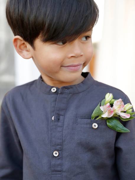 Shirt in Linen/Cotton, Mandarin Collar, Long Sleeves, for Boys BLUE BRIGHT SOLID+Green+sky blue+White 