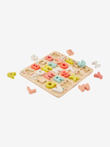 Wooden Alphabet Puzzle Board - FSC® Certified Wood Multi+PINK LIGHT SOLID WITH DESIGN 