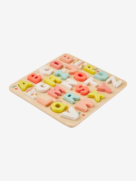 Wooden Alphabet Puzzle Board - FSC® Certified Wood Multi+PINK LIGHT SOLID WITH DESIGN 