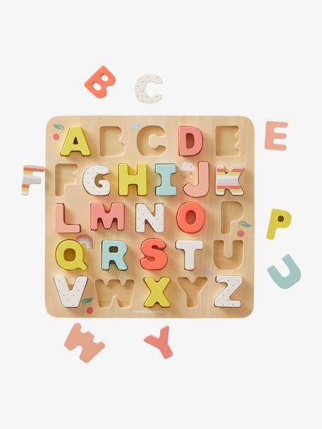 Wooden Alphabet Puzzle Board - FSC® Certified Wood Multi+PINK LIGHT SOLID WITH DESIGN 