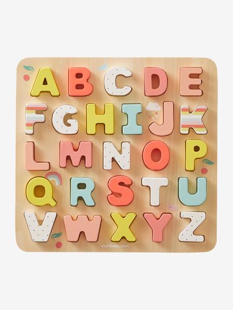 Wooden Alphabet Puzzle Board - FSC® Certified Wood Multi+PINK LIGHT SOLID WITH DESIGN 