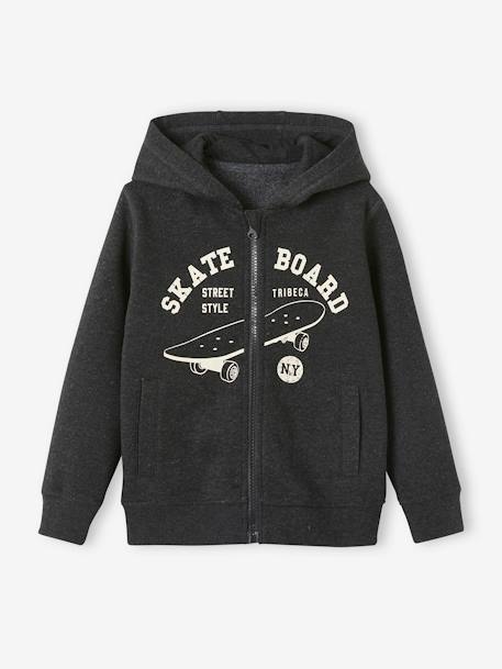 Zipped Jacket with Hood, Skateboard Motif, for Boys BLACK DARK MIXED COLOR+BLUE DARK SOLID WITH DESIGN 