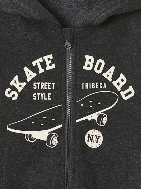Zipped Jacket with Hood, Skateboard Motif, for Boys BLACK DARK MIXED COLOR+marl white 