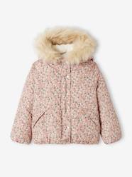 Short Padded Jacket with Hood & Flower Print for Girls