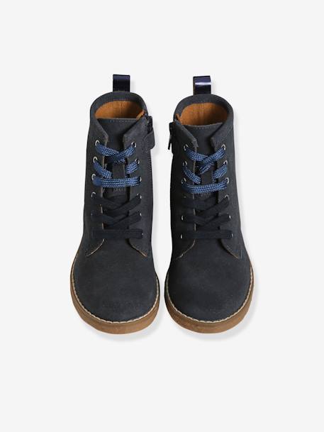 Leather Boots with Laces + Zip, for Girls BLUE DARK SOLID 