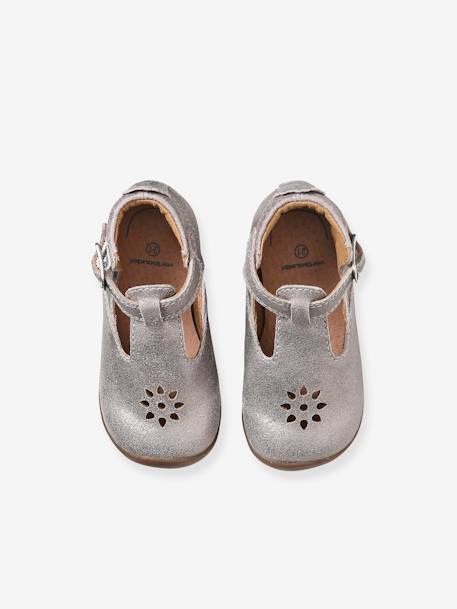 T-Strap Shoes in Glittery Leather for Baby Girls, Designed for First Steps BROWN MEDIUM METALLIZED 