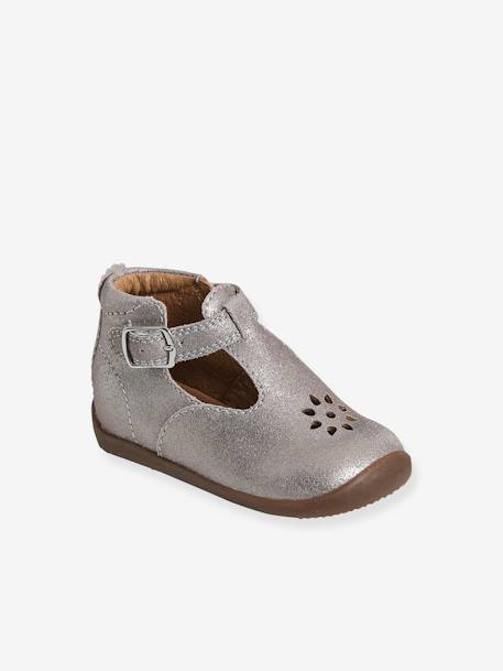 T-Strap Shoes in Glittery Leather for Baby Girls, Designed for First Steps BROWN MEDIUM METALLIZED 