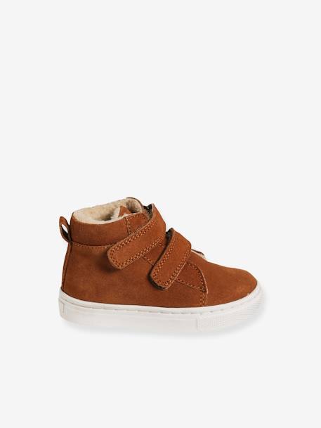 High-Top Unisex Furry Trainers in Leather for Babies BROWN MEDIUM SOLID 