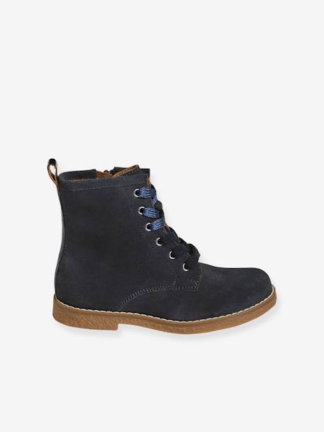 Leather Boots with Laces + Zip, for Girls BLUE DARK SOLID 