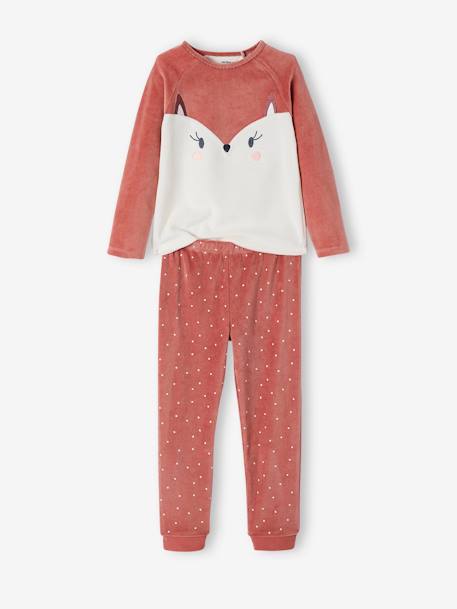 Fox Pyjamas in Velour for Girls PINK DARK SOLID WITH DESIGN 