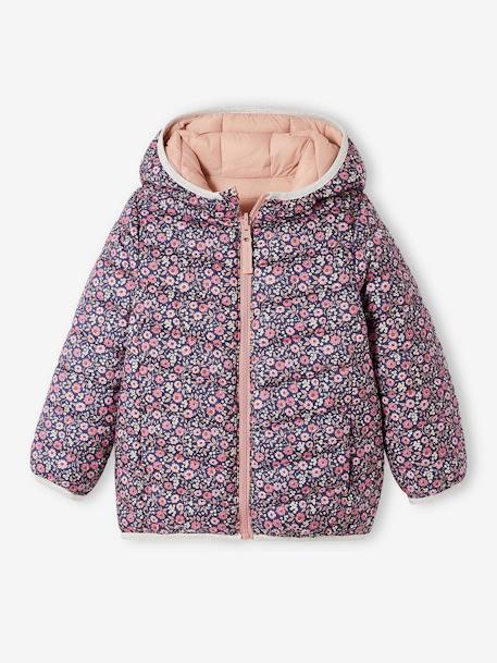 Reversible Lightweight Padded Jacket with Padding in Recycled Polyester, for Girls 6306+GREY DARK ALL OVER PRINTED+night blue+PINK BRIGHT ALL OVER PRINTED 