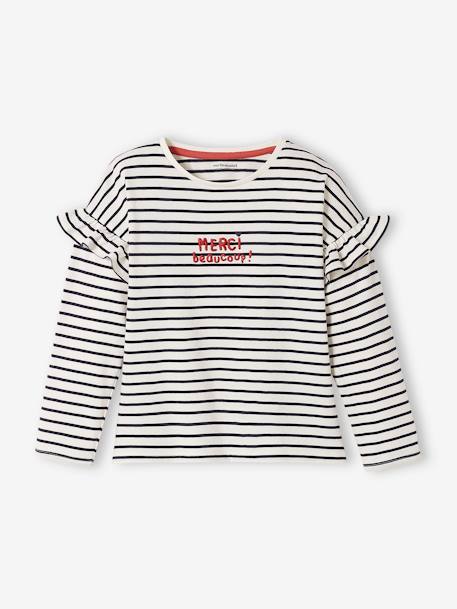 Top with Message, Ruffled Sleeves, for Girls BLUE MEDIUM ALL OVER PRINTED+hazel+WHITE LIGHT STRIPED 