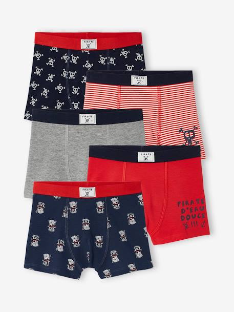 Pack of 5 Pairs of Stretch Pirates Boxer Shorts for Boys - blue dark all  over printed, Boys