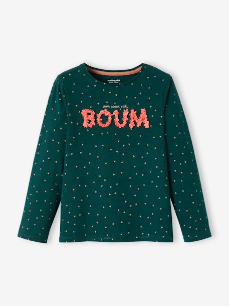 Printed Top with Crimped Inscription in Relief, for Girls BROWN MEDIUM ALL OVER PRINTED+ecru+GREEN DARK ALL OVER PRINTED 